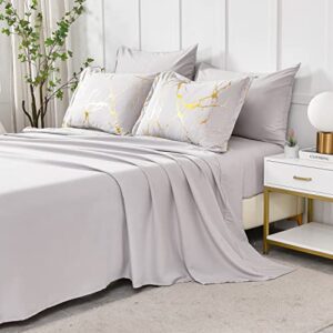 Yogeneg Gold Metallic Marble King Size Comforter Set,7 Piece Bed in a Bag,Foil Print Glitter Grey Comforter and Sheet Set,All Season Soft Microfiber Complete Bedding Sets(Grey,King)