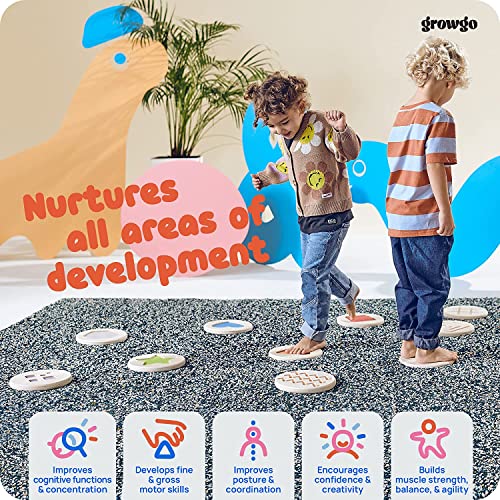 GROWGO Montessori Toddler Balance Beam with Stepping Stones for Kids - Set of 6 Wooden Balance Beam with Set of 12 Balance Stepping Stones