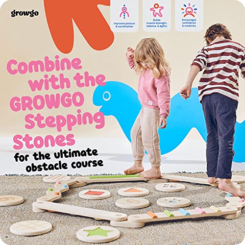 GROWGO Montessori Toddler Balance Beam with Stepping Stones for Kids - Set of 6 Wooden Balance Beam with Set of 12 Balance Stepping Stones