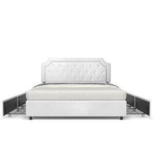 bonsoir queen size storage bed frame upholstered low profile traditional platform with tufted and nail headboard/4 pull out drawers/white faux leather