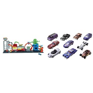 hot wheels city ultimate octo car wash playset with no-spill water tanks & 1 color reveal car that transforms with water & up & set of 10 1:64 scale toy trucks and cars for kids and collectors