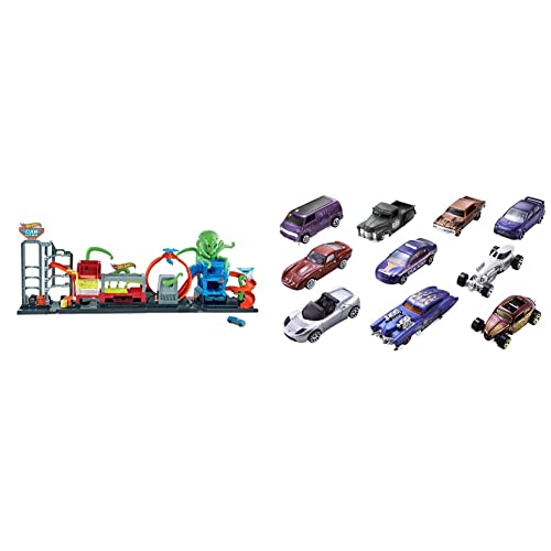 Hot Wheels City Ultimate Octo Car Wash Playset with No-Spill Water Tanks & 1 Color Reveal Car That Transforms with Water & Up & Set of 10 1:64 Scale Toy Trucks and Cars for Kids and Collectors