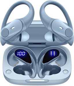 golrex bluetooth headphones wireless earbuds 36hrs playtime wireless charging case digital led display over-ear earphones with earhook waterproof headset with mic for sport running workout sierra blue