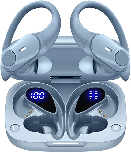 GOLREX Bluetooth Headphones Wireless Earbuds 36Hrs Playtime Wireless Charging Case Digital LED Display Over-ear Earphones with Earhook Waterproof Headset with Mic for Sport Running Workout Sierra Blue
