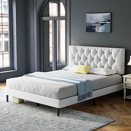 Molblly Queen Size Platform Bed Frame with Adjustable Headboard, Linen Fabric Wrap, Strong Frame and Wooden Slats Support, No Box Spring Needed, Non-Slip and Noise-Free, Easy Assembly, Off-White