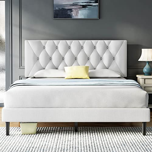 Molblly Queen Size Platform Bed Frame with Adjustable Headboard, Linen Fabric Wrap, Strong Frame and Wooden Slats Support, No Box Spring Needed, Non-Slip and Noise-Free, Easy Assembly, Off-White