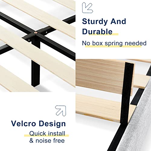 Molblly Queen Size Platform Bed Frame with Adjustable Headboard, Linen Fabric Wrap, Strong Frame and Wooden Slats Support, No Box Spring Needed, Non-Slip and Noise-Free, Easy Assembly, Off-White