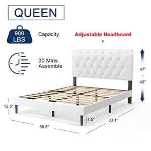 Molblly Queen Size Platform Bed Frame with Adjustable Headboard, Linen Fabric Wrap, Strong Frame and Wooden Slats Support, No Box Spring Needed, Non-Slip and Noise-Free, Easy Assembly, Off-White