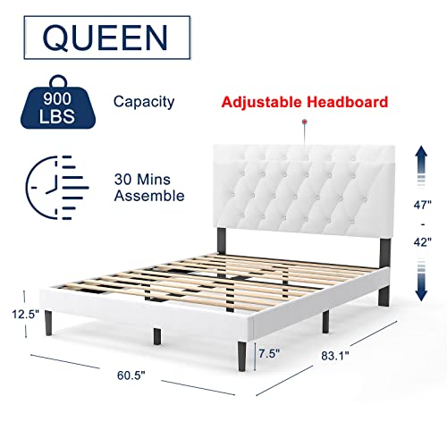 Molblly Queen Size Platform Bed Frame with Adjustable Headboard, Linen Fabric Wrap, Strong Frame and Wooden Slats Support, No Box Spring Needed, Non-Slip and Noise-Free, Easy Assembly, Off-White