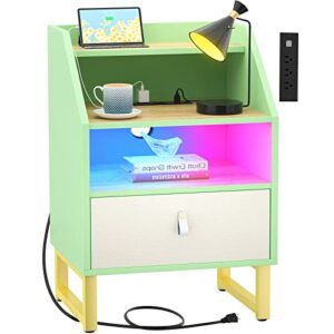 cyclysio nightstand with charging station and led light, 30 inches tall night stand with top baffle,super large storage space bedside tables for bedroom, sofa side