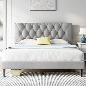 molblly twin size platform bed frame with adjustable headboard, linen fabric wrap, strong frame and wooden slats support, no box spring needed, non-slip and noise-free, easy assembly, light grey