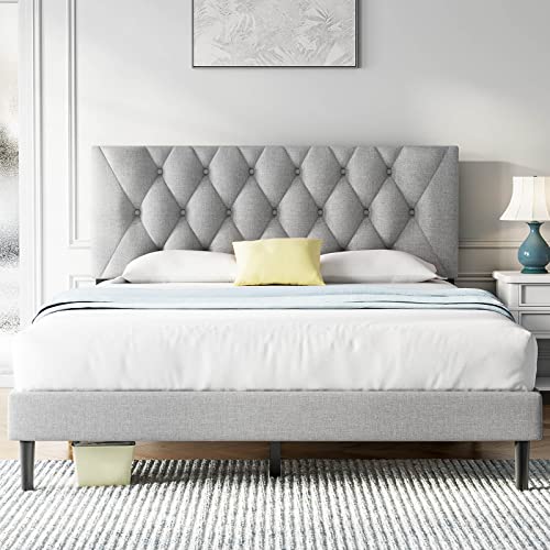 Molblly Twin Size Platform Bed Frame with Adjustable Headboard, Linen Fabric Wrap, Strong Frame and Wooden Slats Support, No Box Spring Needed, Non-Slip and Noise-Free, Easy Assembly, Light Grey