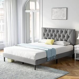 Molblly Twin Size Platform Bed Frame with Adjustable Headboard, Linen Fabric Wrap, Strong Frame and Wooden Slats Support, No Box Spring Needed, Non-Slip and Noise-Free, Easy Assembly, Light Grey