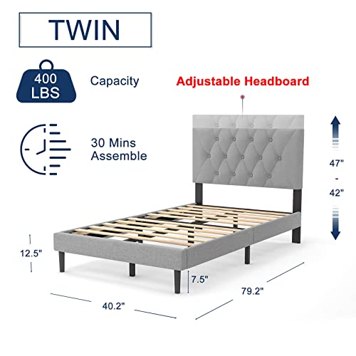 Molblly Twin Size Platform Bed Frame with Adjustable Headboard, Linen Fabric Wrap, Strong Frame and Wooden Slats Support, No Box Spring Needed, Non-Slip and Noise-Free, Easy Assembly, Light Grey