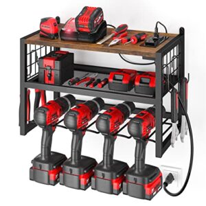 power tool organizer with power strip - garage organization and storage built in 3 ac outlets | drill holder wall mount | drill charging station for garage, workshop