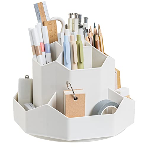 kaileyouxiangongsi Rotating Art Supply Storage Organizer,Pencil Holder with 9 Compartment, Pen Storage Organizer, for Kids Art Desk, Homeschool Supplies, Home Office Desktop Organizer(White)