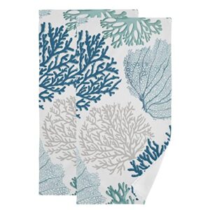 patinisa nautical blue coral hand towels for bathroom set of 2 coastal teal beige coral soft absorbent ocean theme kitchen dish towels decorative bathroom towels for face,hair,guest,gym,spa 14"x28"