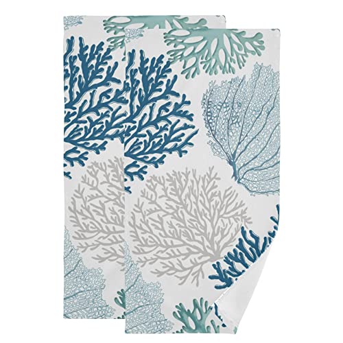 PATINISA Nautical Blue Coral Hand Towels for Bathroom Set of 2 Coastal Teal Beige Coral Soft Absorbent Ocean Theme Kitchen Dish Towels Decorative Bathroom Towels for Face,Hair,Guest,Gym,Spa 14"x28"