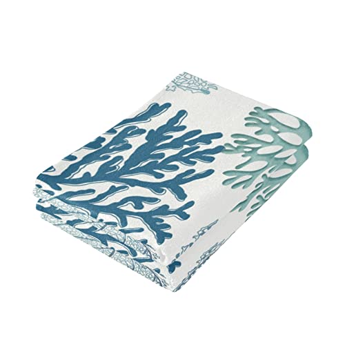 PATINISA Nautical Blue Coral Hand Towels for Bathroom Set of 2 Coastal Teal Beige Coral Soft Absorbent Ocean Theme Kitchen Dish Towels Decorative Bathroom Towels for Face,Hair,Guest,Gym,Spa 14"x28"