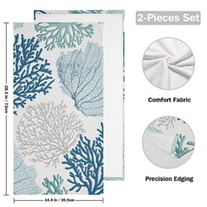 PATINISA Nautical Blue Coral Hand Towels for Bathroom Set of 2 Coastal Teal Beige Coral Soft Absorbent Ocean Theme Kitchen Dish Towels Decorative Bathroom Towels for Face,Hair,Guest,Gym,Spa 14"x28"