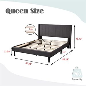 Gruwans Upholstered Bed Frame Queen with Wingback Headboard/No Box Spring Needed/Wooden Slat Support/Easy Assemble/Black