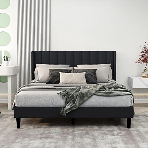 Gruwans Upholstered Bed Frame Queen with Wingback Headboard/No Box Spring Needed/Wooden Slat Support/Easy Assemble/Black