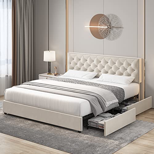 HOSTACK King Size Bed Frame with 4 Storage Drawers, Modern Upholstered Platform Bed with Adjustable Headboard,Button Tufted Bed Frame with Wood Slat Support,No Box Spring Needed(Beige, King)