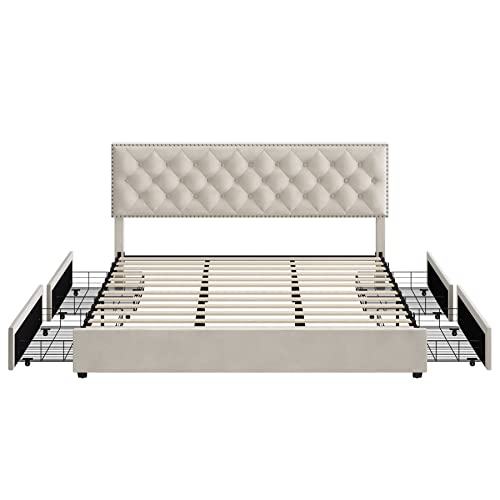 HOSTACK King Size Bed Frame with 4 Storage Drawers, Modern Upholstered Platform Bed with Adjustable Headboard,Button Tufted Bed Frame with Wood Slat Support,No Box Spring Needed(Beige, King)