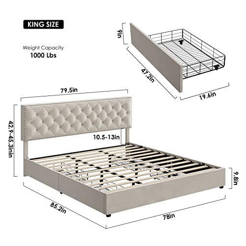 HOSTACK King Size Bed Frame with 4 Storage Drawers, Modern Upholstered Platform Bed with Adjustable Headboard,Button Tufted Bed Frame with Wood Slat Support,No Box Spring Needed(Beige, King)