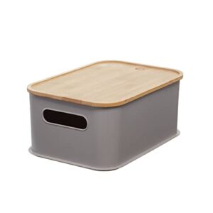 idesign recycled plastic 11.9" medium storage bin with handles and bamboo lid, bpa-free, porpoise