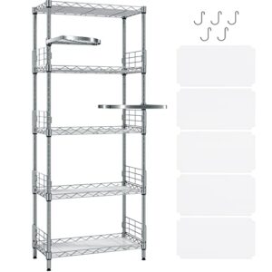 linsy home 5-tier storage shelves with 2 rotatable shelves, height adjustable metal pantry shelves with 5 hooks and shelf liners, heavy duty metal shelving, wire shelving for kitchen, bathroom -sliver