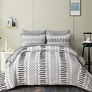 djy boho comforter set queen size bed in a bag 7 piece black and white tufted shabby chic bedding embroidered stripe comforter with sheets and pillowcases, soft lightweight bedding for all season