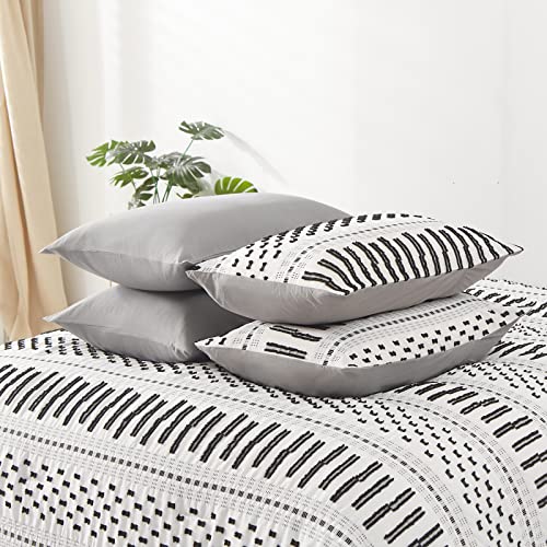 DJY Boho Comforter Set Queen Size Bed in a Bag 7 Piece Black and White Tufted Shabby Chic Bedding Embroidered Stripe Comforter with Sheets and Pillowcases, Soft Lightweight Bedding for All Season
