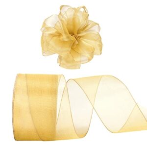 swedin 2.5"x25 yards gold organza ribbon with wired edges,gold sheer ribbon with wired edges for gift wrapping, bow making and craft decoration