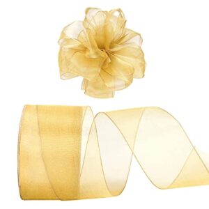 Swedin 2.5"x25 Yards Gold Organza Ribbon with Wired Edges,Gold Sheer Ribbon with Wired Edges for Gift Wrapping, Bow Making and Craft Decoration