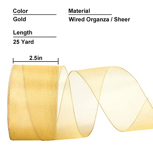 Swedin 2.5"x25 Yards Gold Organza Ribbon with Wired Edges,Gold Sheer Ribbon with Wired Edges for Gift Wrapping, Bow Making and Craft Decoration