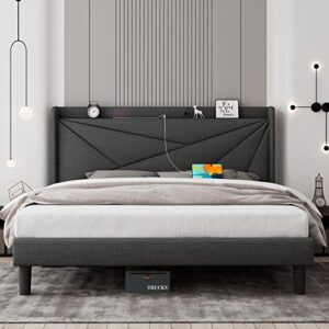 feonase king size bed frame with type-c & usb ports, upholstered platform bed frame with wingback storage headboard, solid wood slats support, no box spring needed, noise-free, dark gray