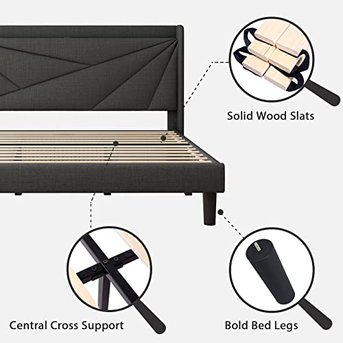 Feonase King Size Bed Frame with Type-C & USB Ports, Upholstered Platform Bed Frame with Wingback Storage Headboard, Solid Wood Slats Support, No Box Spring Needed, Noise-Free, Dark Gray