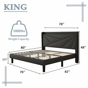 Feonase King Size Bed Frame with Type-C & USB Ports, Upholstered Platform Bed Frame with Wingback Storage Headboard, Solid Wood Slats Support, No Box Spring Needed, Noise-Free, Dark Gray