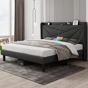 Feonase King Size Bed Frame with Type-C & USB Ports, Upholstered Platform Bed Frame with Wingback Storage Headboard, Solid Wood Slats Support, No Box Spring Needed, Noise-Free, Dark Gray