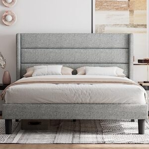 feonase queen bed frame, upholstered platform bed frame with wingback, wood slats support, no box spring needed, easy assembly, noise-free, light gray