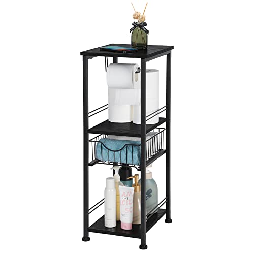 Bathroom Shelf 3 Tier Bathroom Storage Cabinet Freestanding Tower Rack with Drawer Floor Towel Storage Stand with Toilet Paper Hanger Narrow Storage Organizer Rack for Laundry Room Bedroom Black