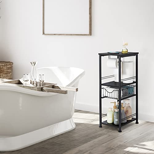 Bathroom Shelf 3 Tier Bathroom Storage Cabinet Freestanding Tower Rack with Drawer Floor Towel Storage Stand with Toilet Paper Hanger Narrow Storage Organizer Rack for Laundry Room Bedroom Black