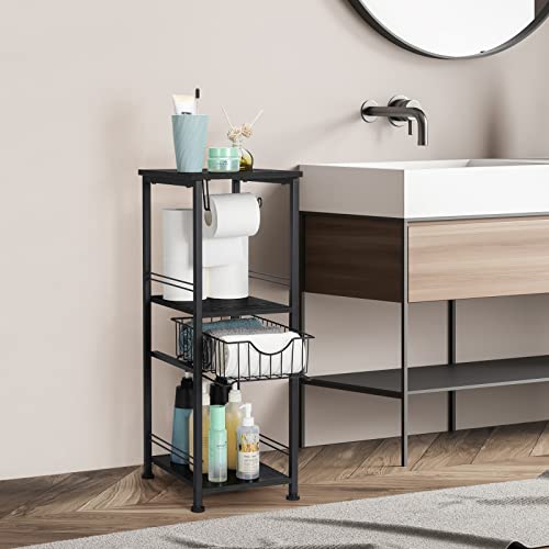 Bathroom Shelf 3 Tier Bathroom Storage Cabinet Freestanding Tower Rack with Drawer Floor Towel Storage Stand with Toilet Paper Hanger Narrow Storage Organizer Rack for Laundry Room Bedroom Black