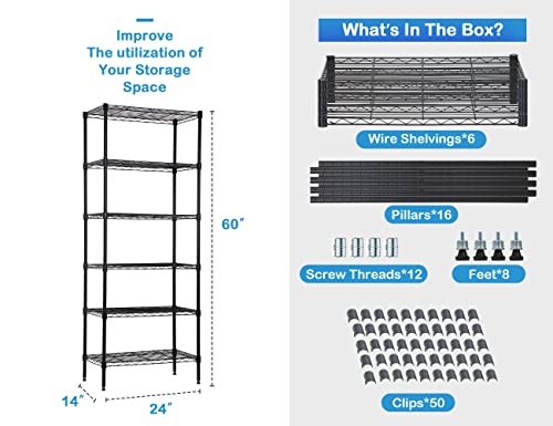 6-Tier Wire Shelving Metal Storage Rack, Adjustable Shelving Unit Free Standing Storage Shelf with Leveling Feet, 24"Lx14"Wx60"H Storage Shelves Organizer Unit for Office Studio Plant Craft, Black