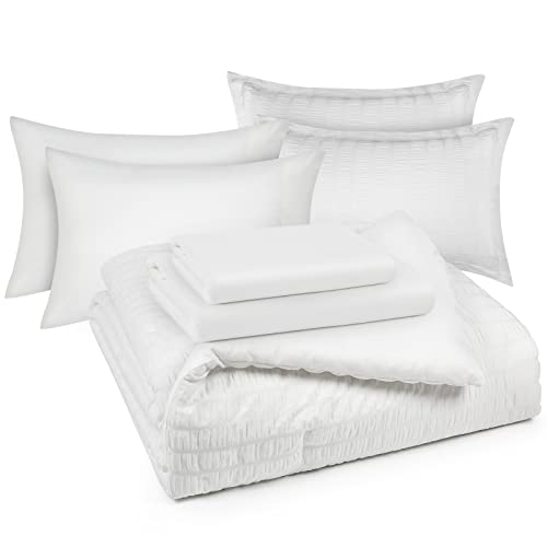 CozyLux Full Bed in a Bag White Seersucker Comforter Set with Sheets 7-Pieces All Season Bedding Sets with Comforter, Pillow Sham, Flat Sheet, Fitted Sheet and Pillowcase