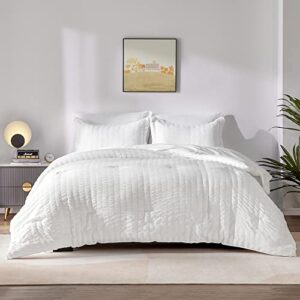 CozyLux Full Bed in a Bag White Seersucker Comforter Set with Sheets 7-Pieces All Season Bedding Sets with Comforter, Pillow Sham, Flat Sheet, Fitted Sheet and Pillowcase