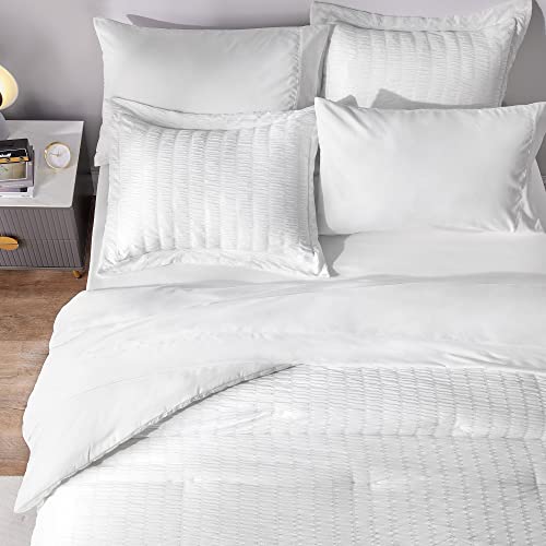 CozyLux Full Bed in a Bag White Seersucker Comforter Set with Sheets 7-Pieces All Season Bedding Sets with Comforter, Pillow Sham, Flat Sheet, Fitted Sheet and Pillowcase