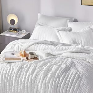 CozyLux Full Bed in a Bag White Seersucker Comforter Set with Sheets 7-Pieces All Season Bedding Sets with Comforter, Pillow Sham, Flat Sheet, Fitted Sheet and Pillowcase