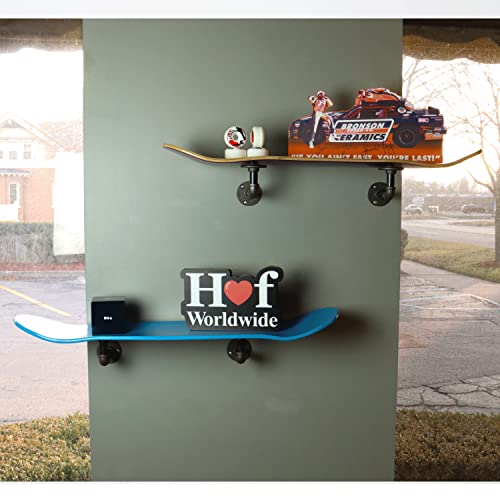 Floating Industrial Style Skateboard Deck Shelf with Pipe Mounting System – Custom Made Indoor Skate Shelving - Maple Wall Mount - 7.75" Dipped Black